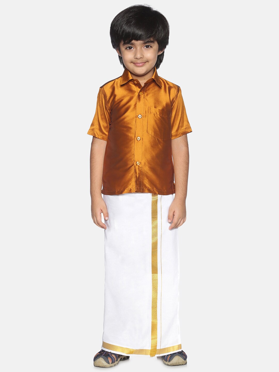 

Sethukrishna Boys Mustard Solid Silk Blend Shirt & Ready Made Dhoti