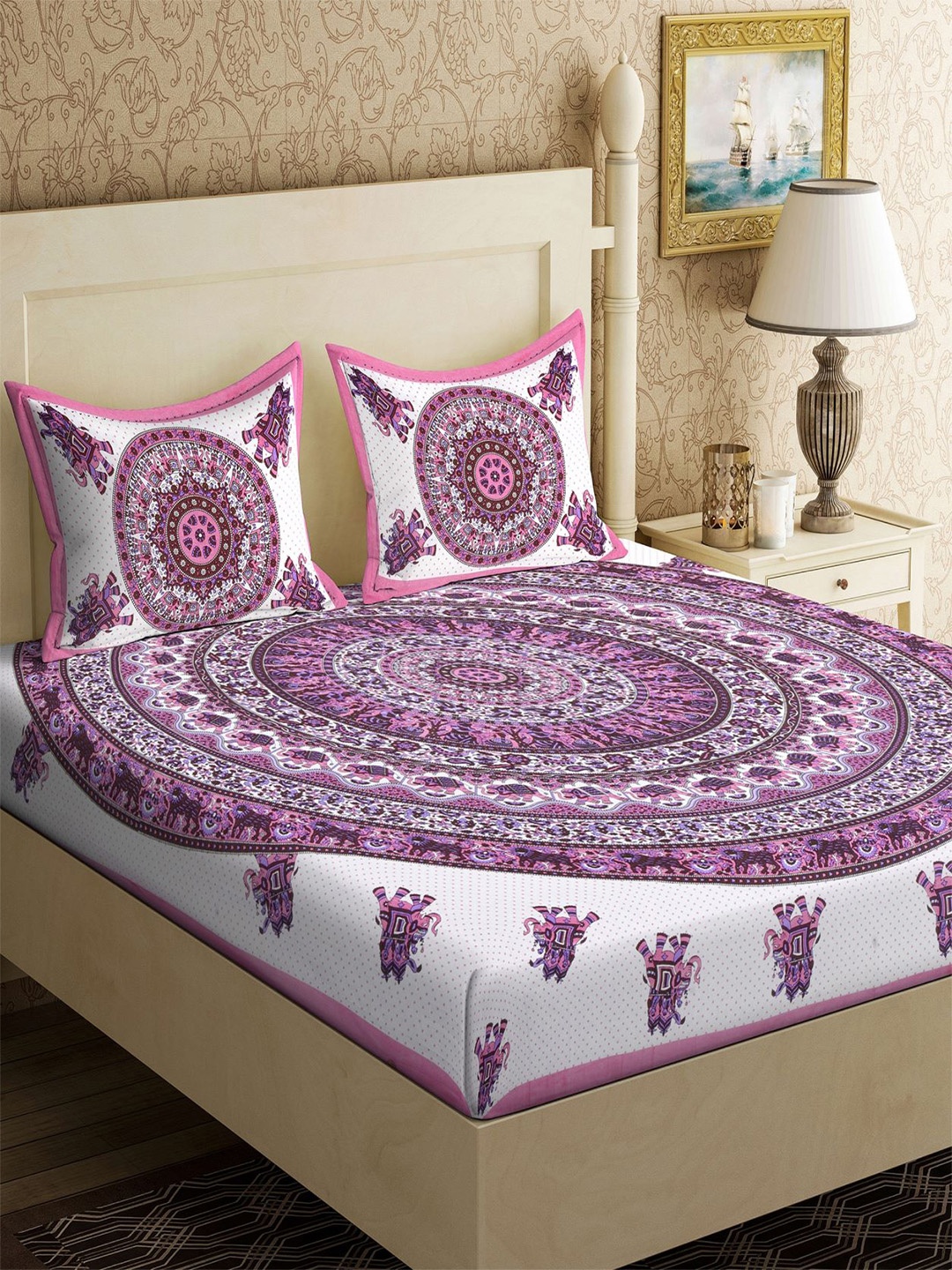 

Varde Purple & White Ethnic Motifs 104 TC Pure Cotton Queen Bedsheet With 2 Pillow Covers