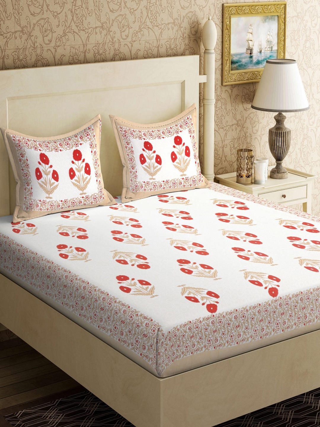 

Varde White & Red Floral 104 TC Pure Cotton Queen Bedsheet with 2 Pillow Covers
