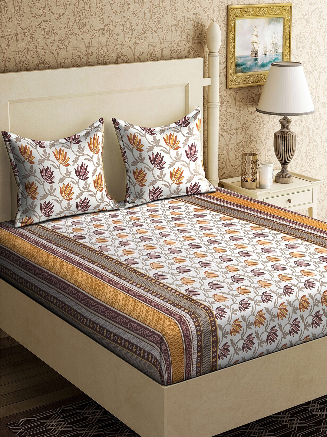 

Varde White & Brown Floral 104 TC Pure Cotton Queen Bedsheet With 2 Pillow Covers
