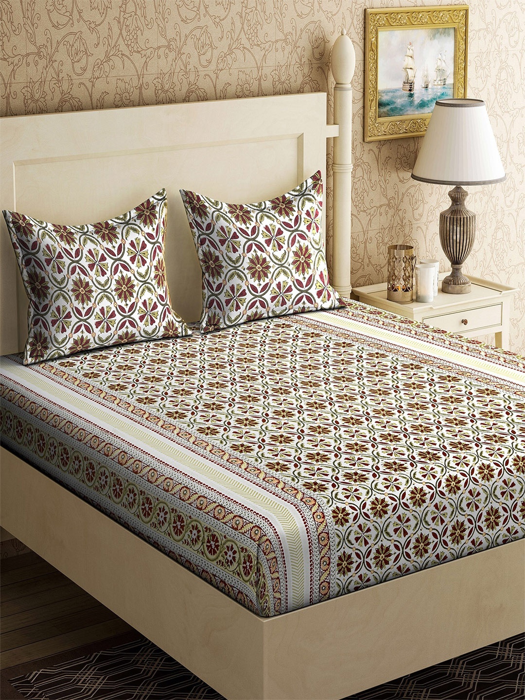 

Varde White & Brown Floral 104 TC Pure Cotton Queen Bedsheet with 2 Pillow Covers
