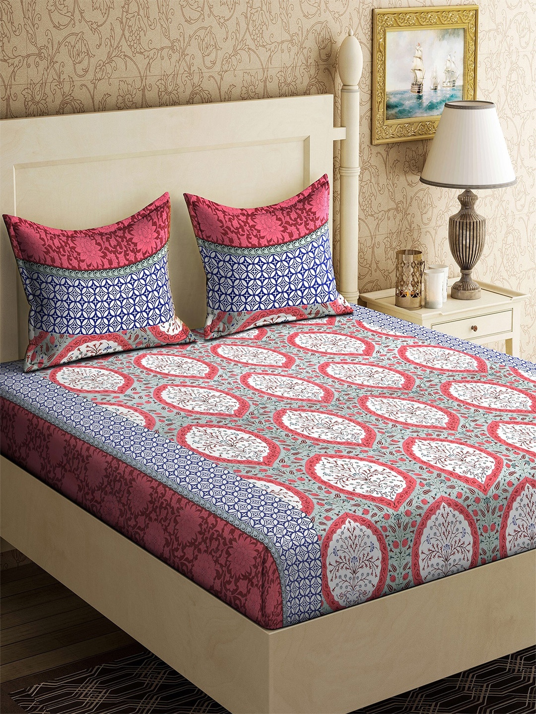 

Varde Pink & Blue Floral 104 TC Pure Cotton Queen Bedsheet With 2 Pillow Covers