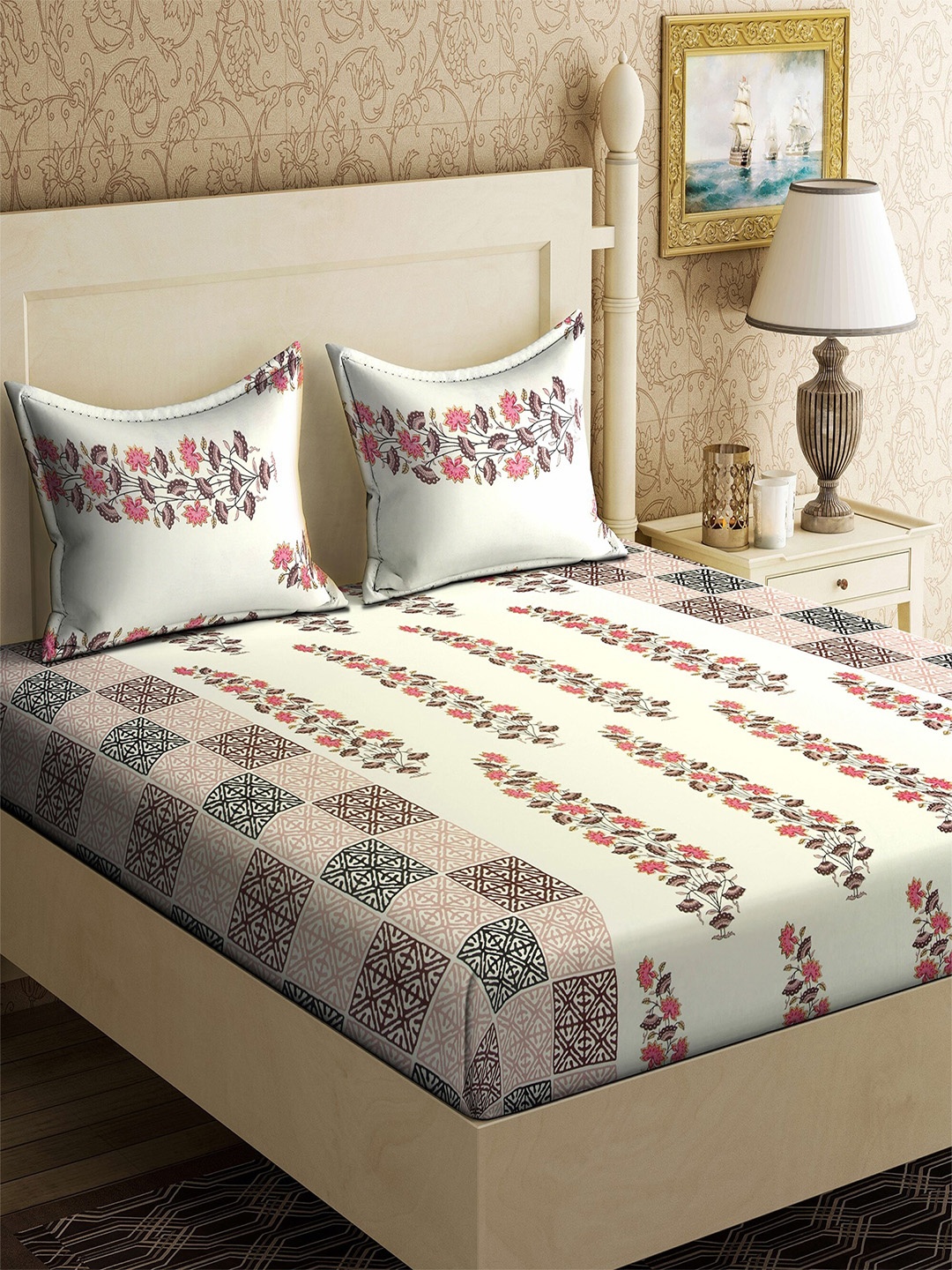 

Varde White & Brown Floral 104 TC Pure Cotton Queen Bedsheet With 2 Pillow Covers