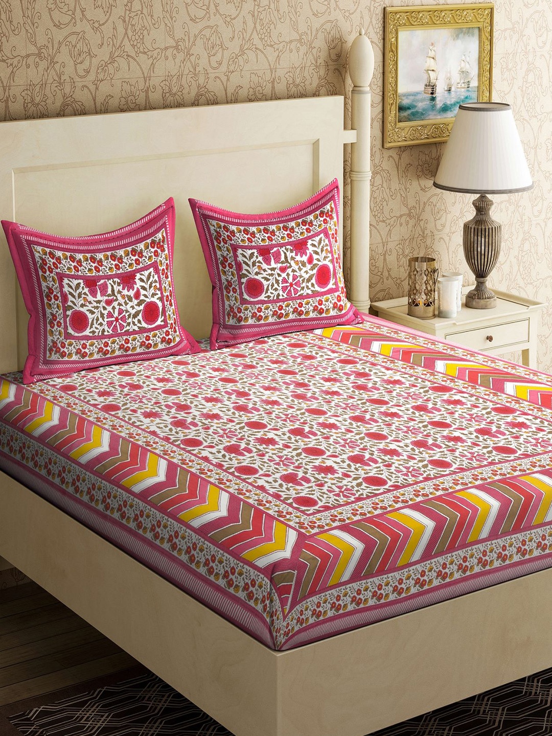 

Varde Pink & Yellow Floral 104 TC Pure Cotton Queen Bedsheet With 2 Pillow Covers