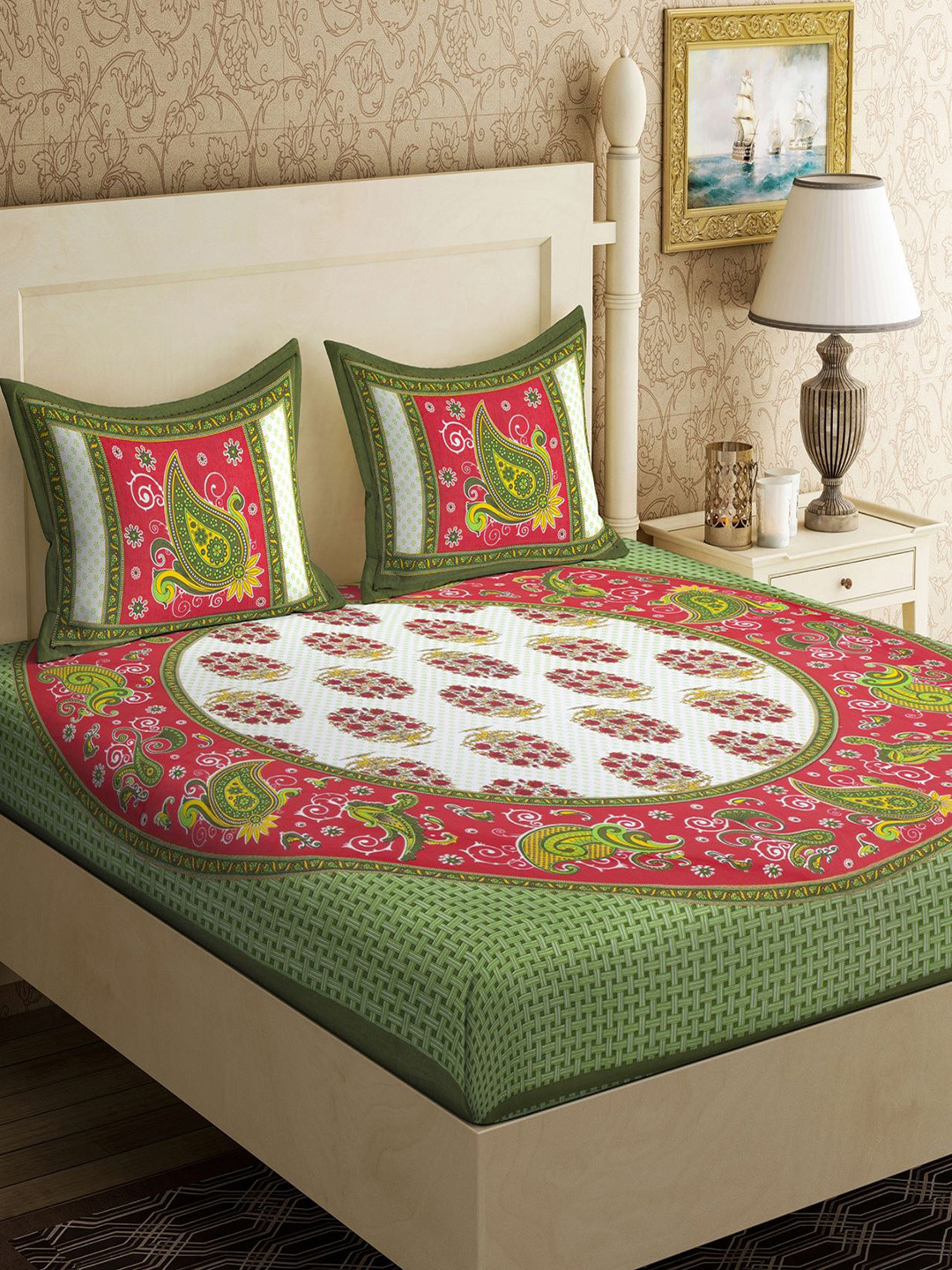 

Varde Green & Red Floral 104 TC Pure Cotton Queen Bedsheet With 2 Pillow Covers
