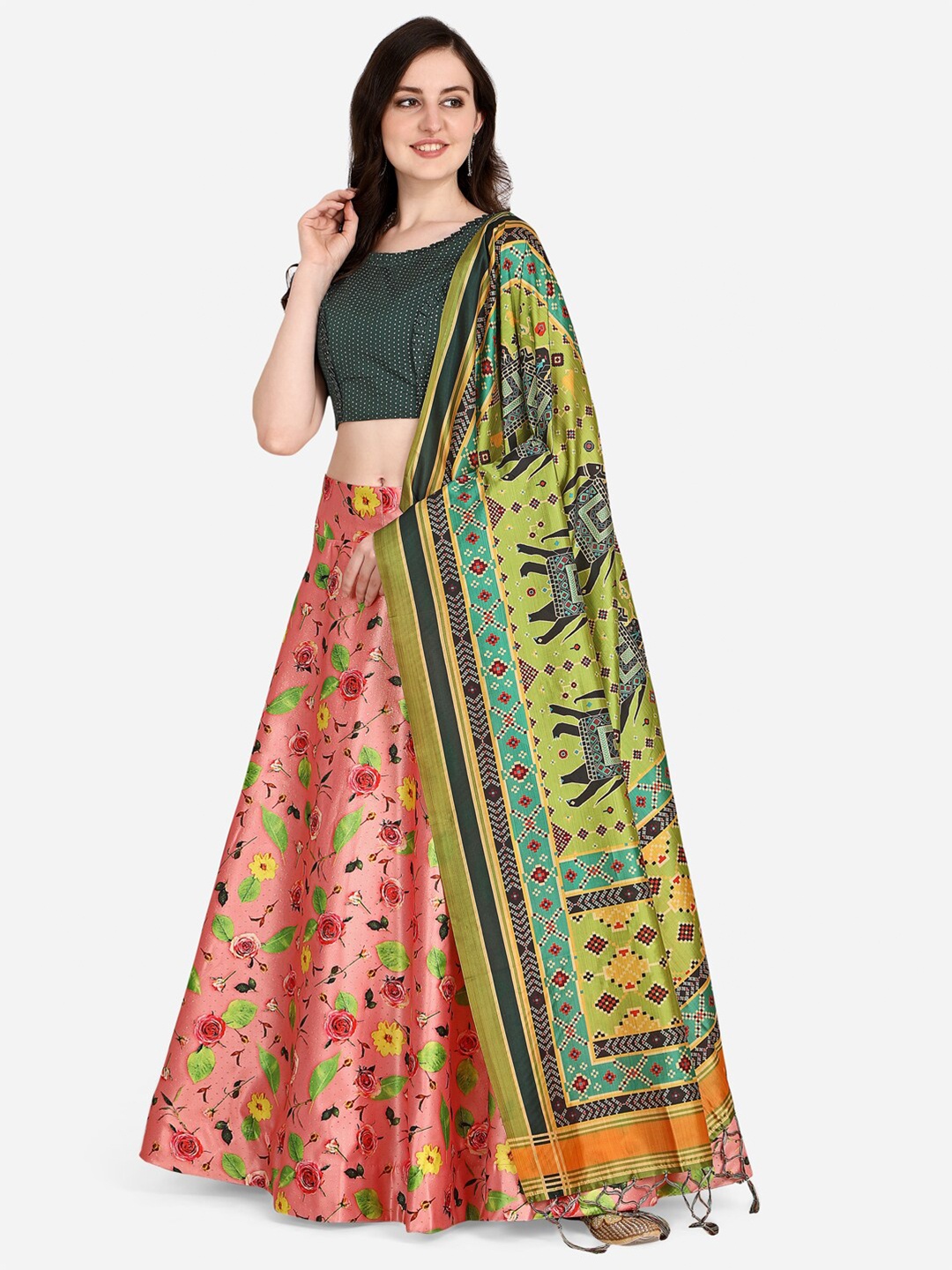 

Mitera Pink & Green Semi-Stitched Lehenga & Unstitched Blouse With Dupatta