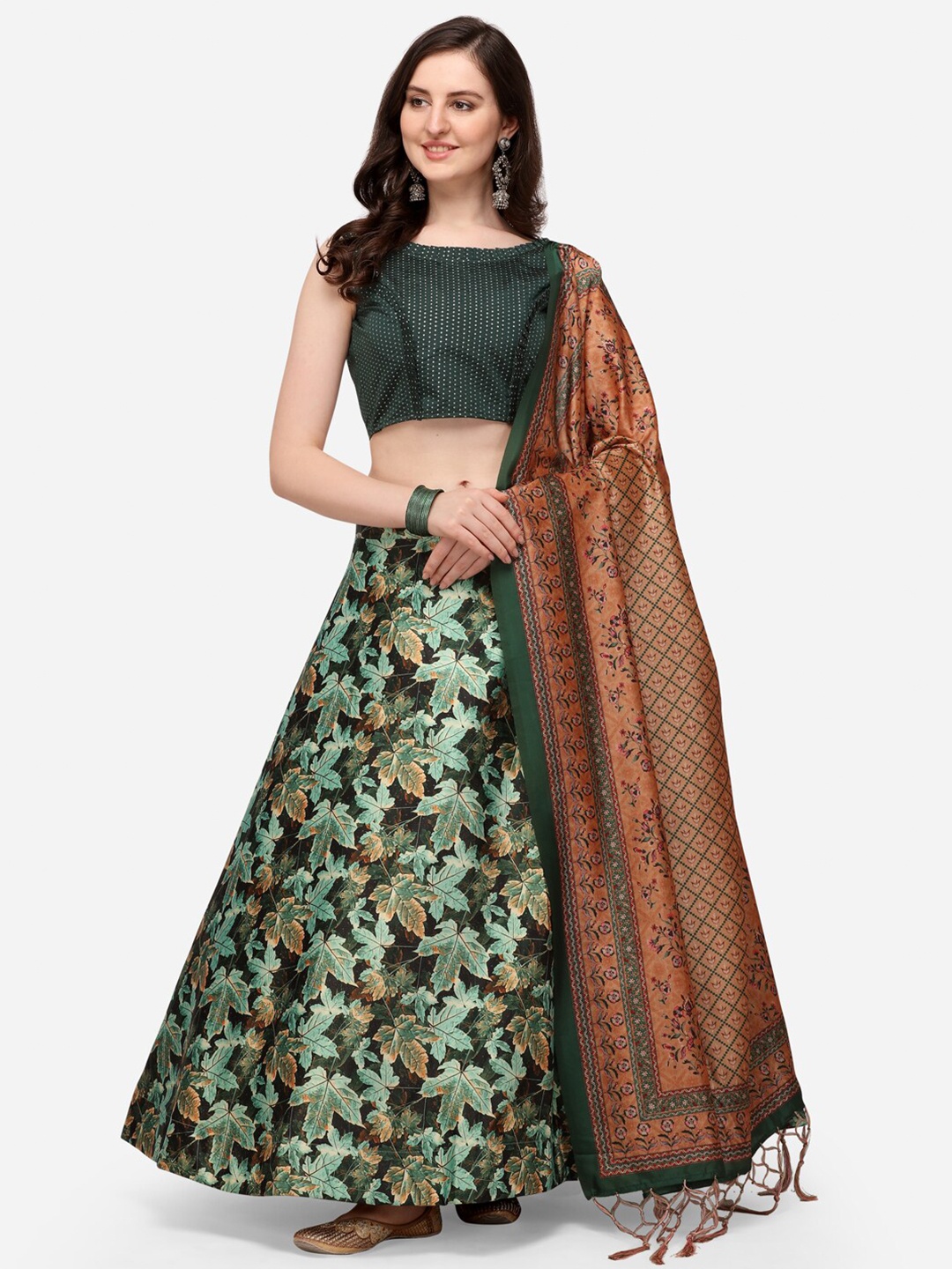 

Mitera Green & Brown Printed Semi-Stitched Lehenga & Unstitched Blouse With Dupatta