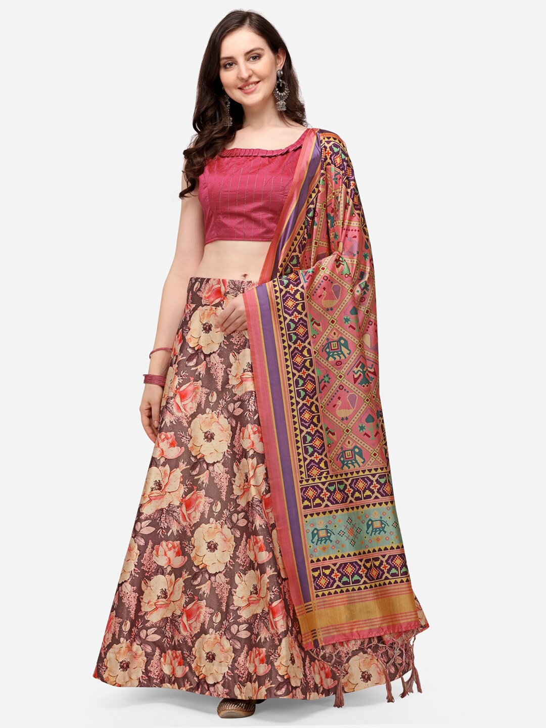 

Mitera Brown & Pink Satin Semi-Stitched Lehenga & Unstitched Blouse With Dupatta