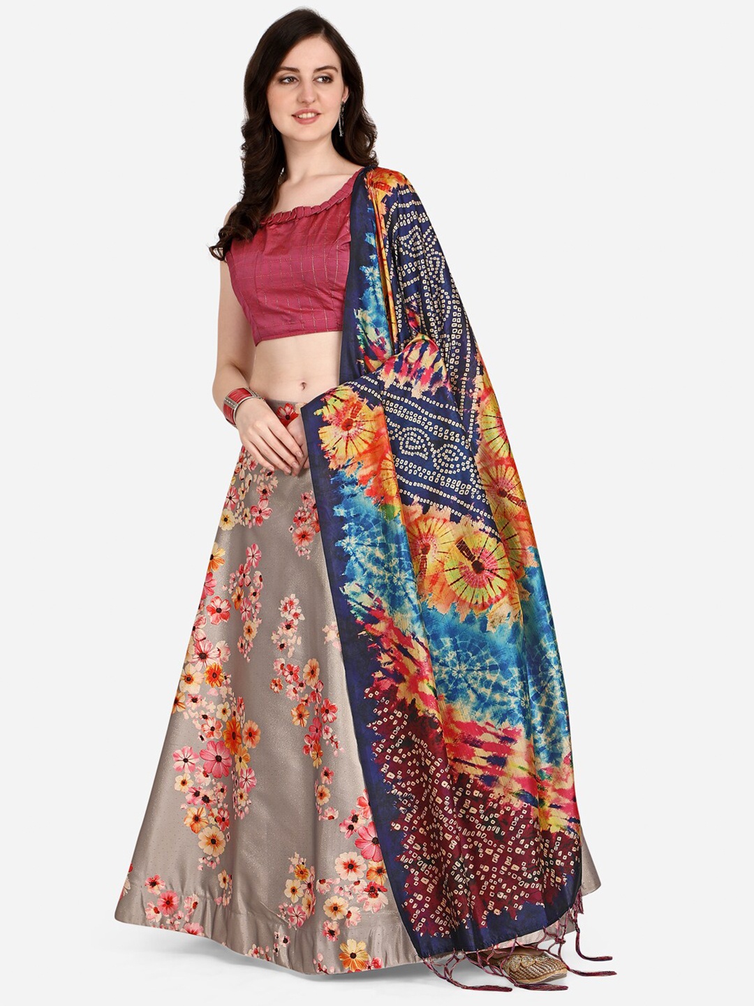 

Mitera Beige & Red Printed Semi-Stitched Lehenga & Unstitched Blouse With Dupatta