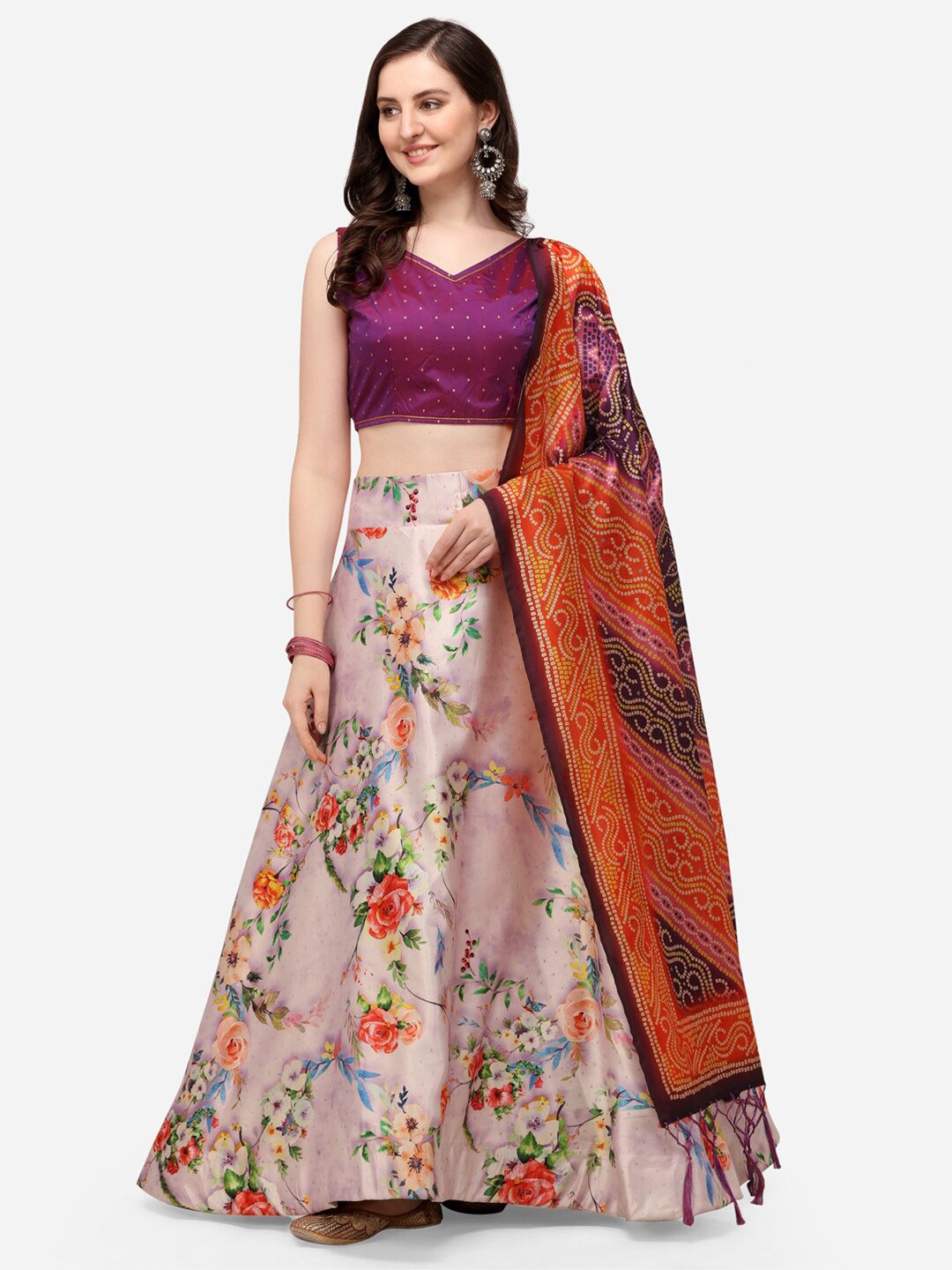 

Mitera Pink & Green Printed Semi-Stitched Lehenga & Unstitched Blouse With Dupatta