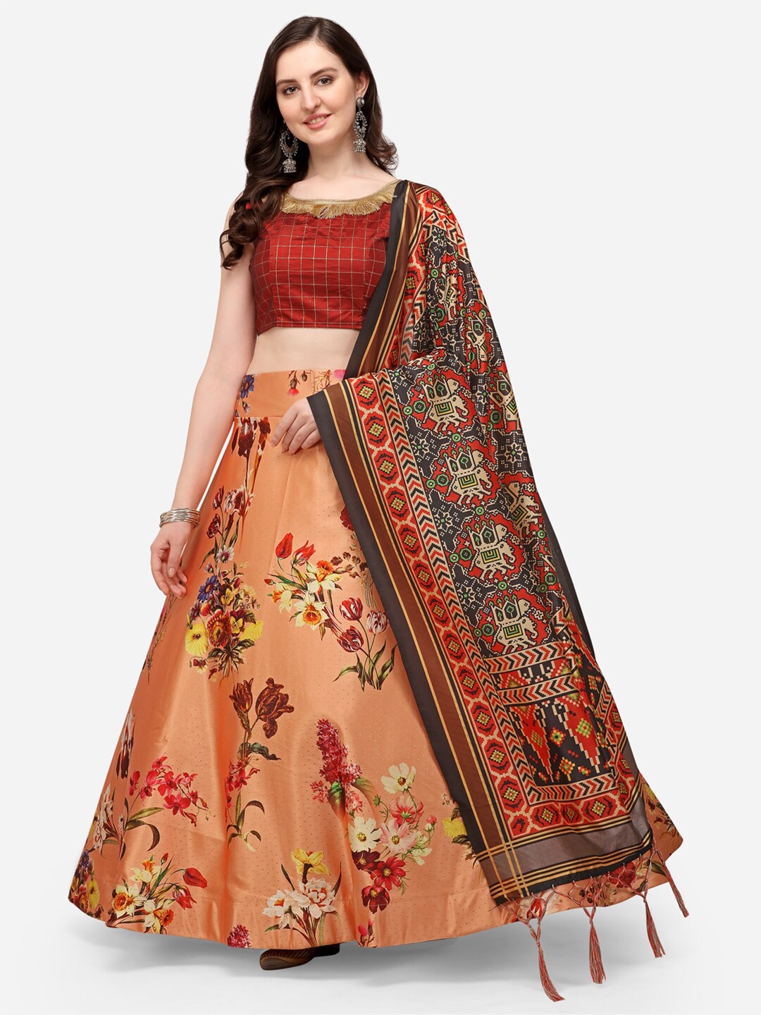 

Mitera Orange & Red Printed Semi-Stitched Lehenga & Unstitched Blouse With Dupatta