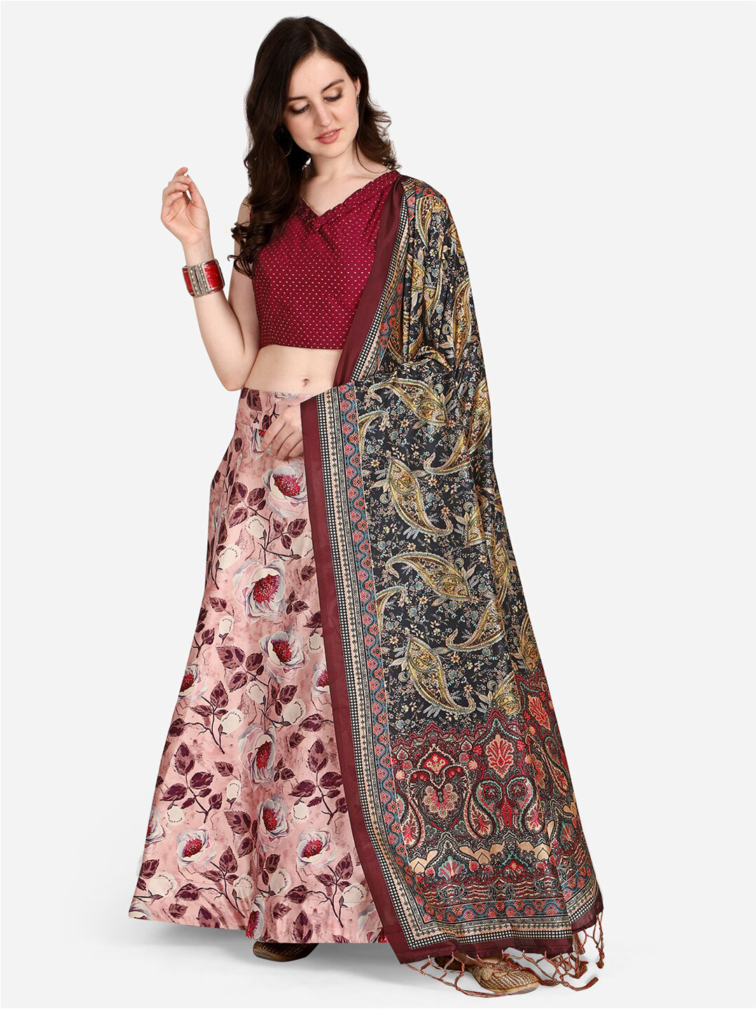 

Mitera Pink & Red Printed Semi-Stitched Lehenga & Unstitched Blouse With Dupatta