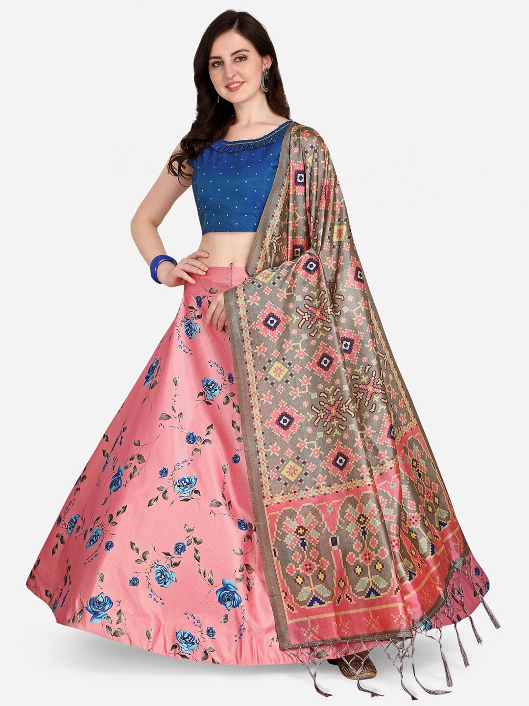 

Mitera Pink & Blue Printed Semi-Stitched Lehenga & Unstitched Blouse With Dupatta