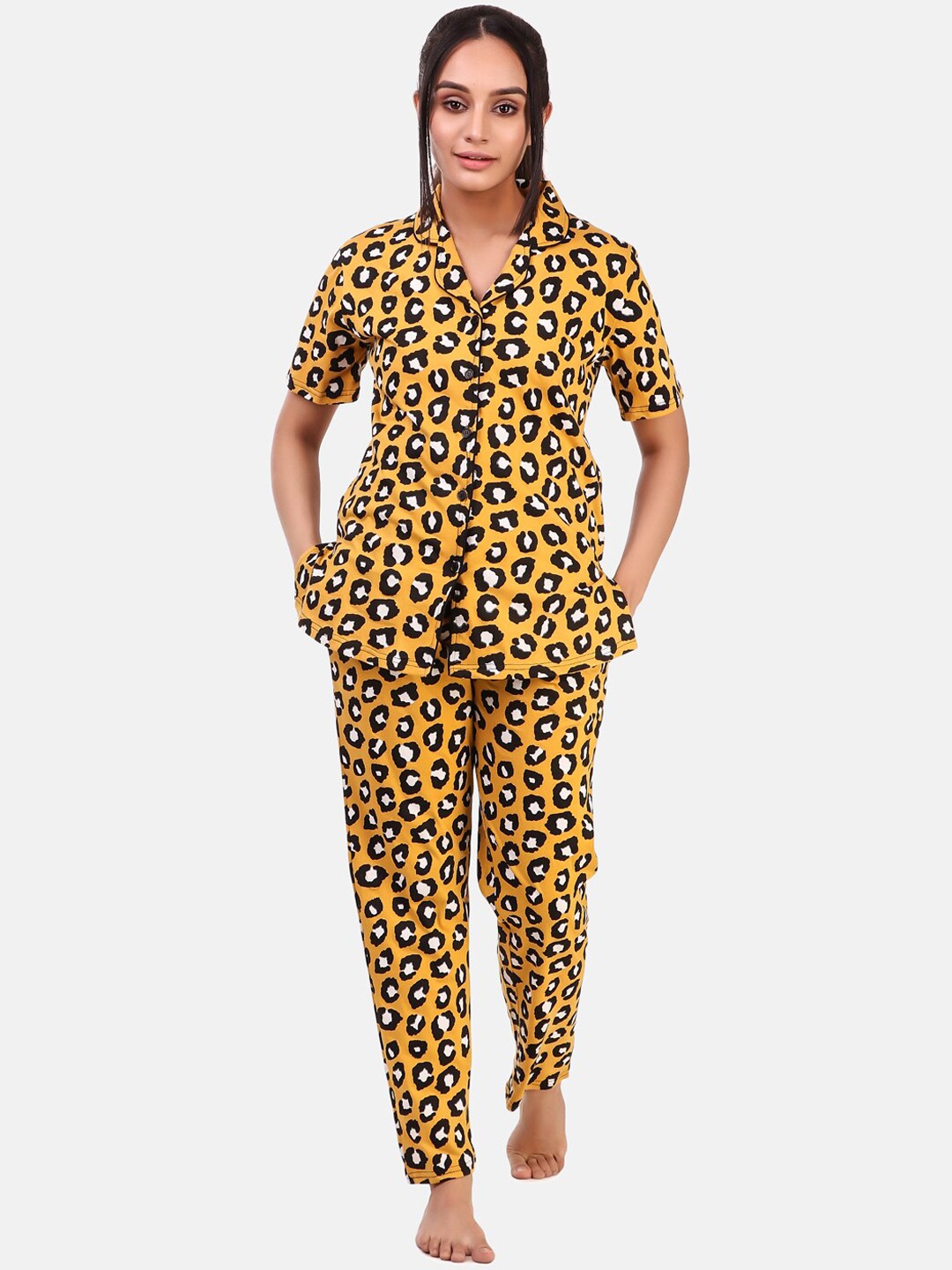 

Masha Women Yellow & Black Animal Printed Pure Cotton Night suit