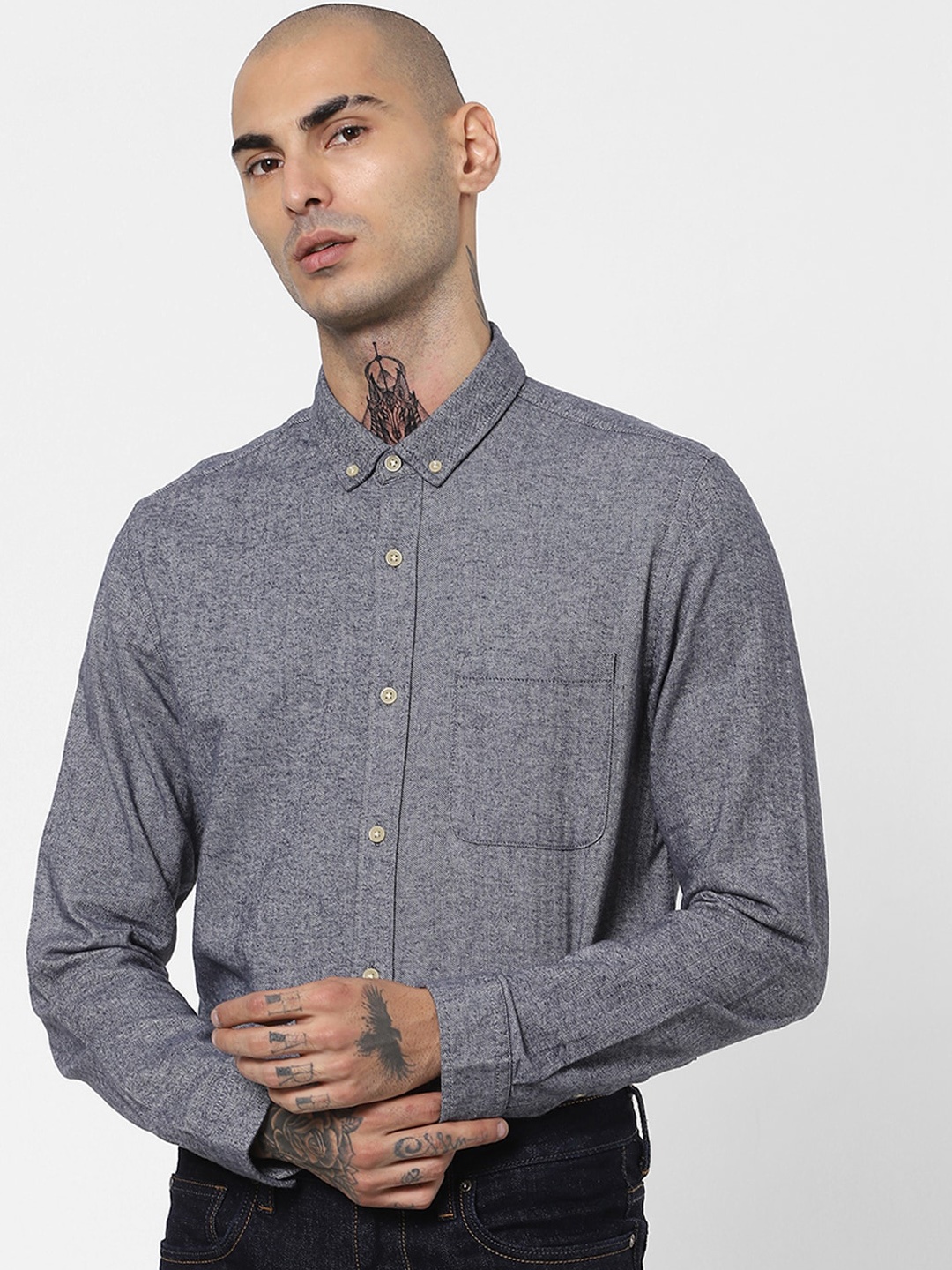 

Jack & Jones Men Grey Opaque Herringbone Patterned Casual Shirt