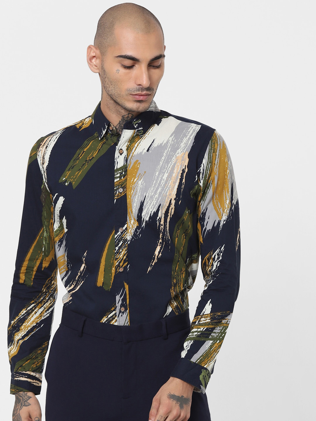 

Jack & Jones Men Navy Blue & White Opaque Printed Pure Cotton Casual Shirt
