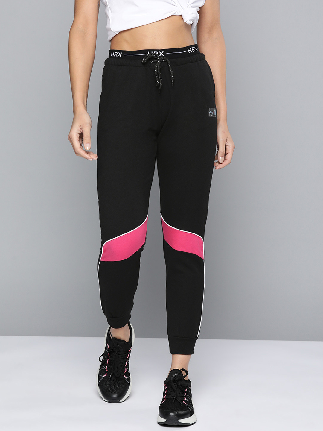 

HRX By Hrithik Roshan Lifestyle Women Jet Black Bio-Wash Colourblock Joggers