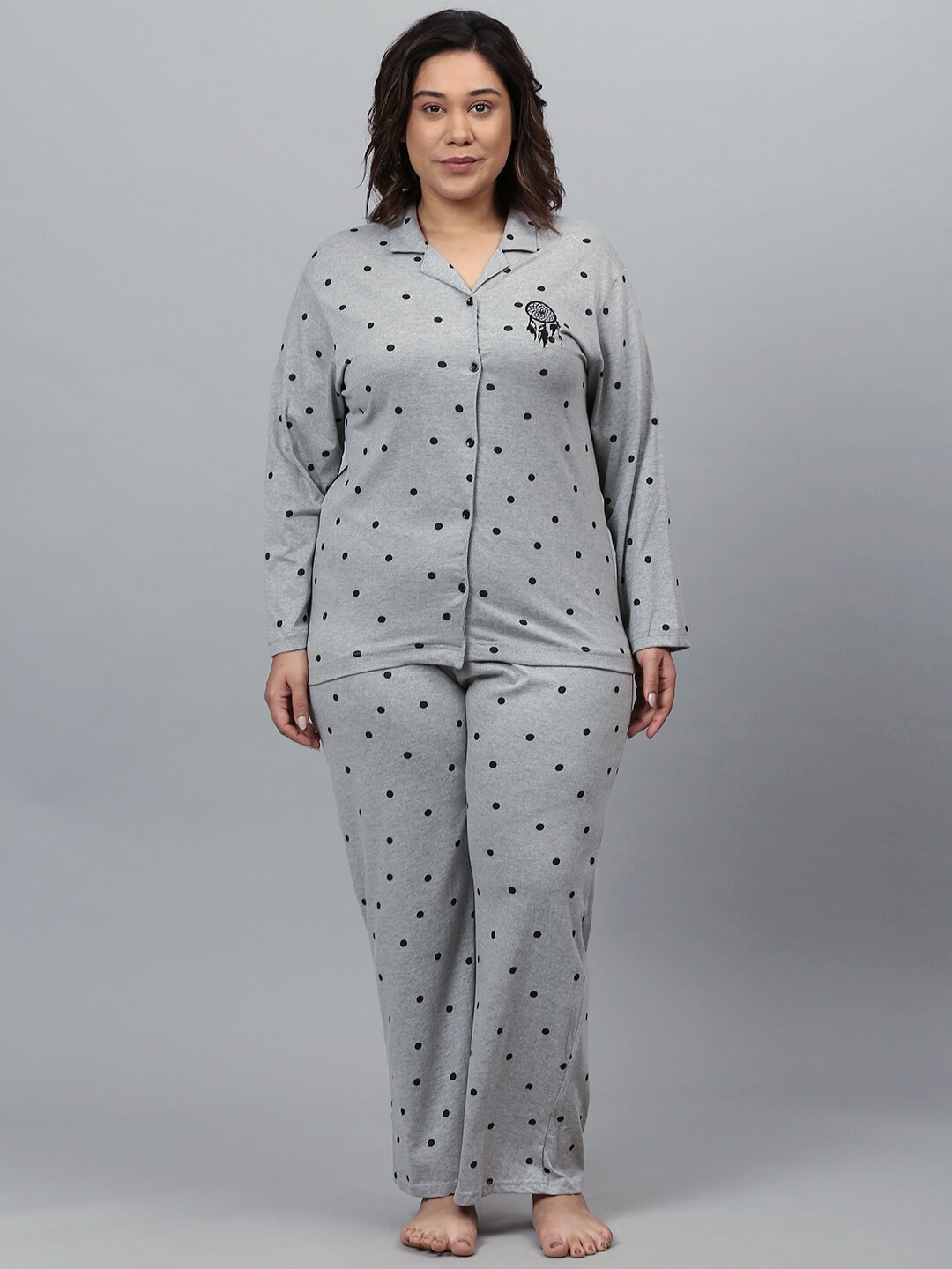 Instafab Plus Women Grey & Black Printed Pure Cotton Night suit
