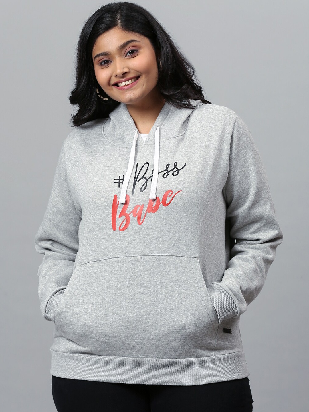 

Instafab Plus Women Grey Printed Hooded Sweatshirt