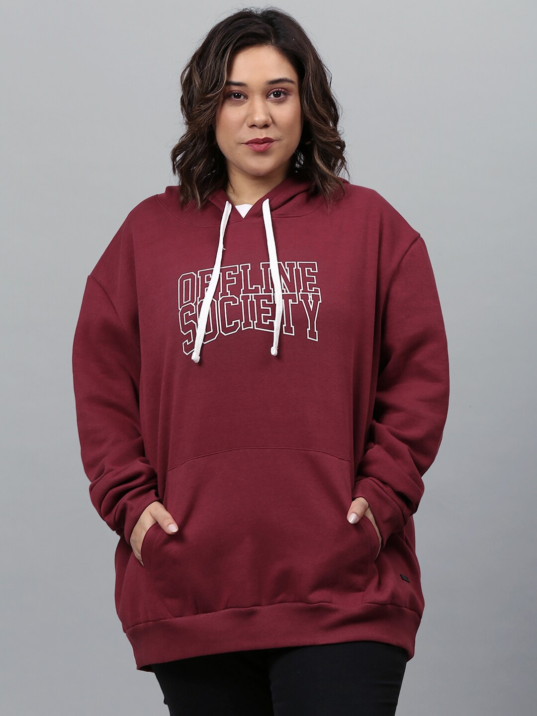 

Instafab Plus Women Maroon Typography Printed Hooded Sweatshirt