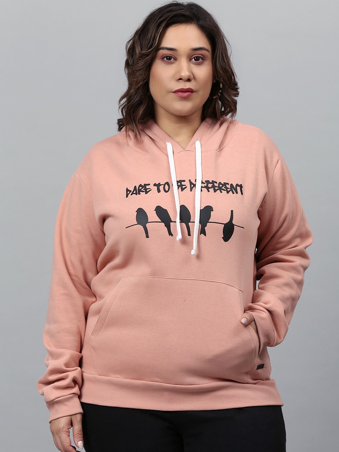 

Instafab Plus Women Peach-Coloured Printed Hooded Sweatshirt