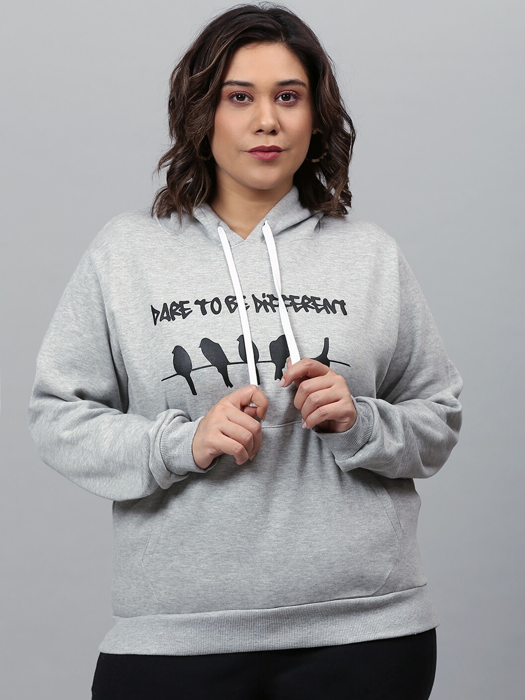 

Instafab Plus Women Grey Printed Hooded Sweatshirt