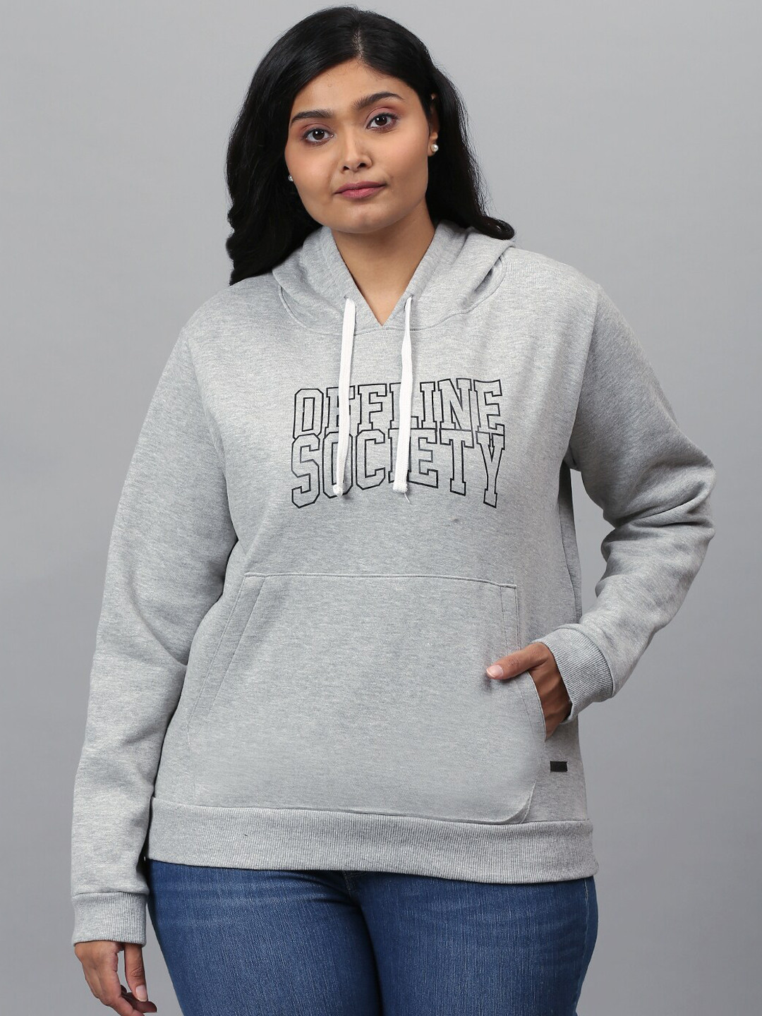 

Instafab Plus Women Grey Printed Hooded Sweatshirt