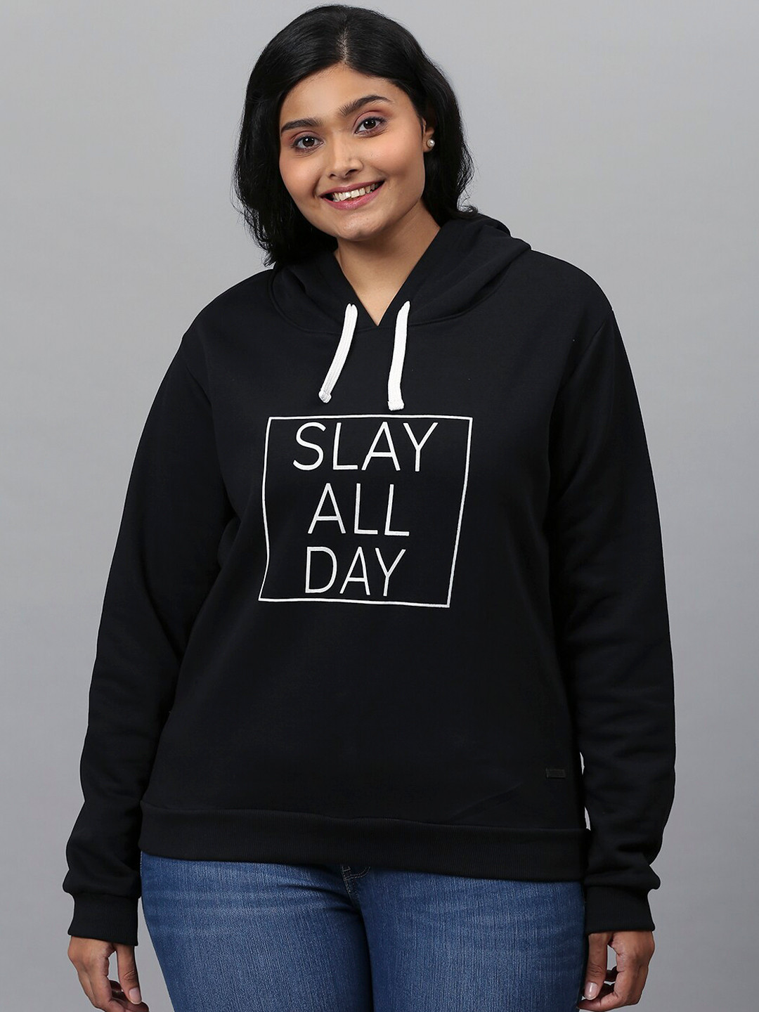

Instafab Plus Women Black Typography Printed Hooded Sweatshirt