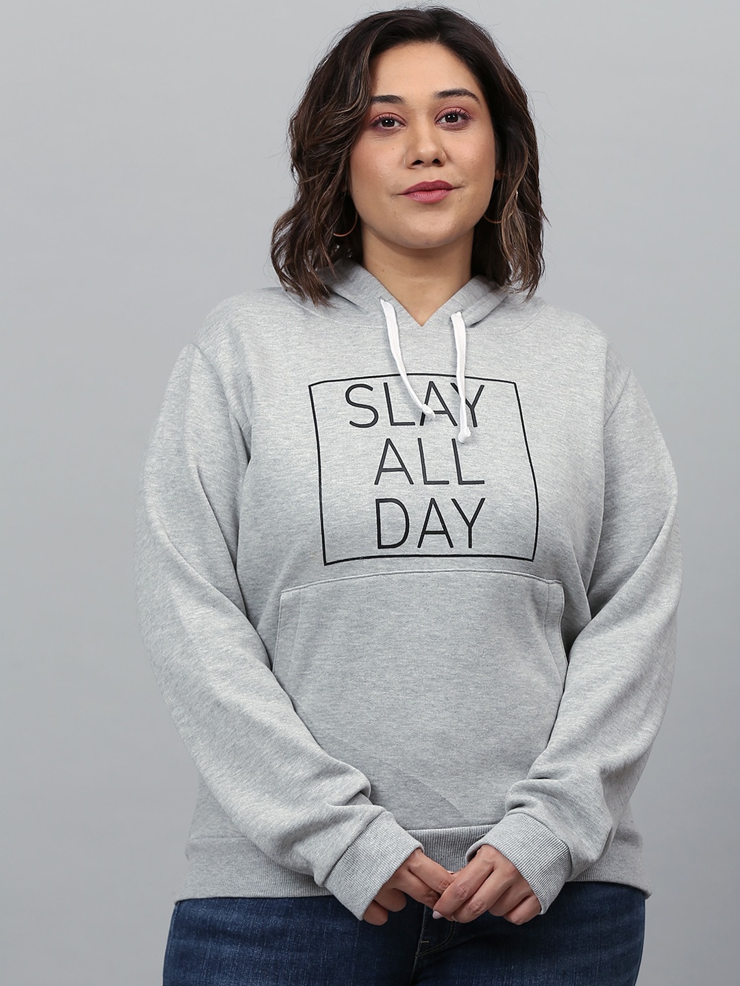 

Instafab Plus Size Women Printed Stylish Casual Hooded Sweatshirt, Grey