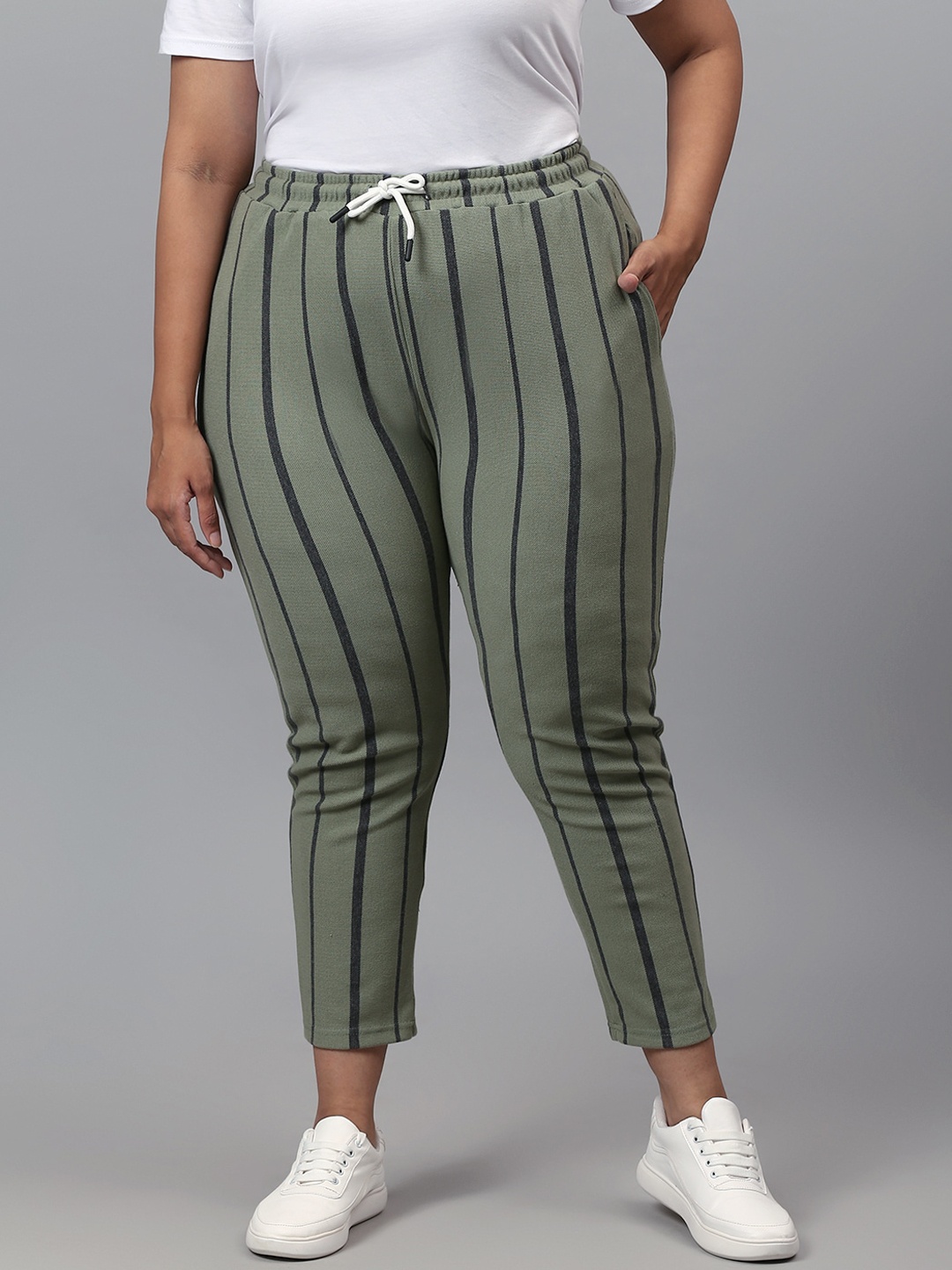 

Instafab Plus Women Green & Black Striped Cotton Track Pants