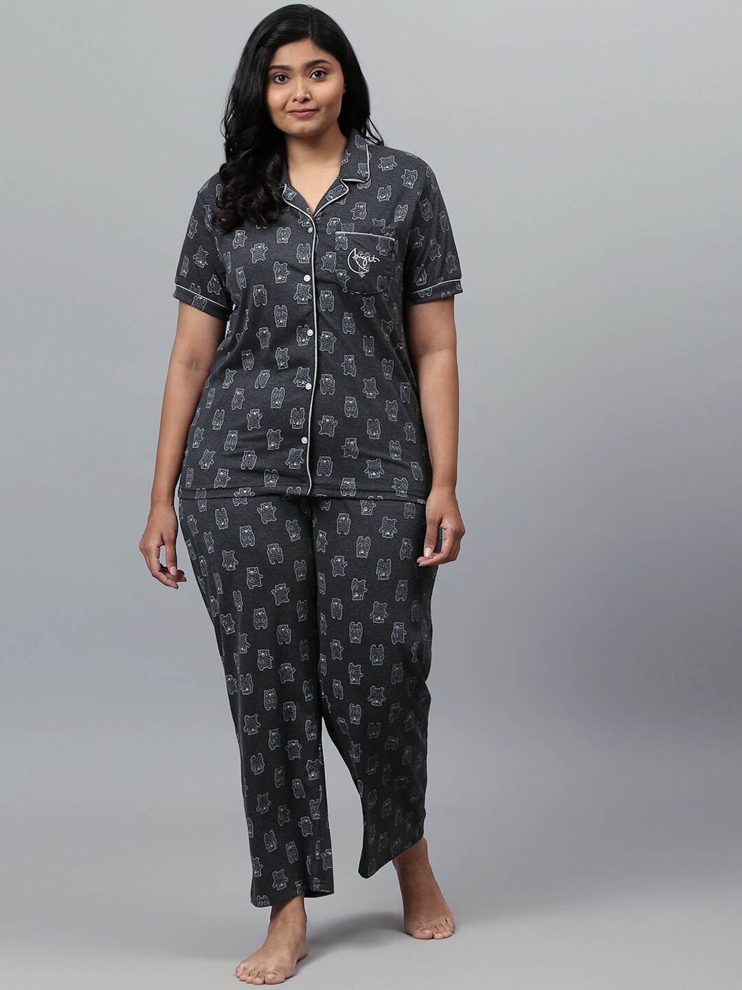 

Instafab Plus Women Charcoal Grey Printed Night Suit