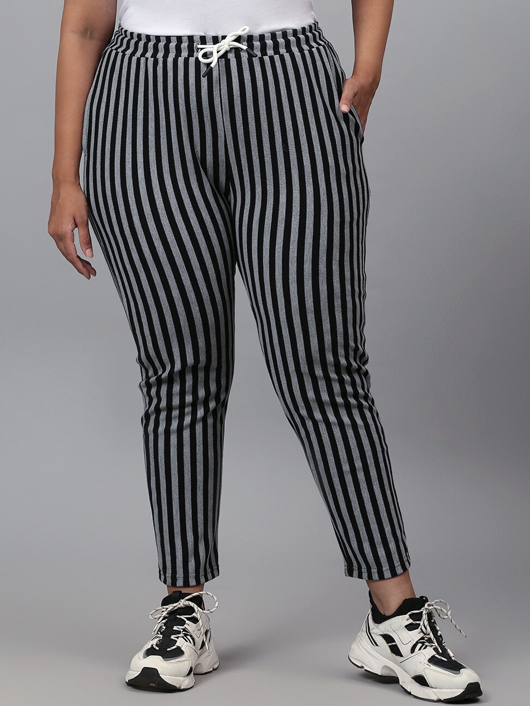 

Instafab Plus Women Grey & Black Striped Relaxed-Fit Cotton Track Pants
