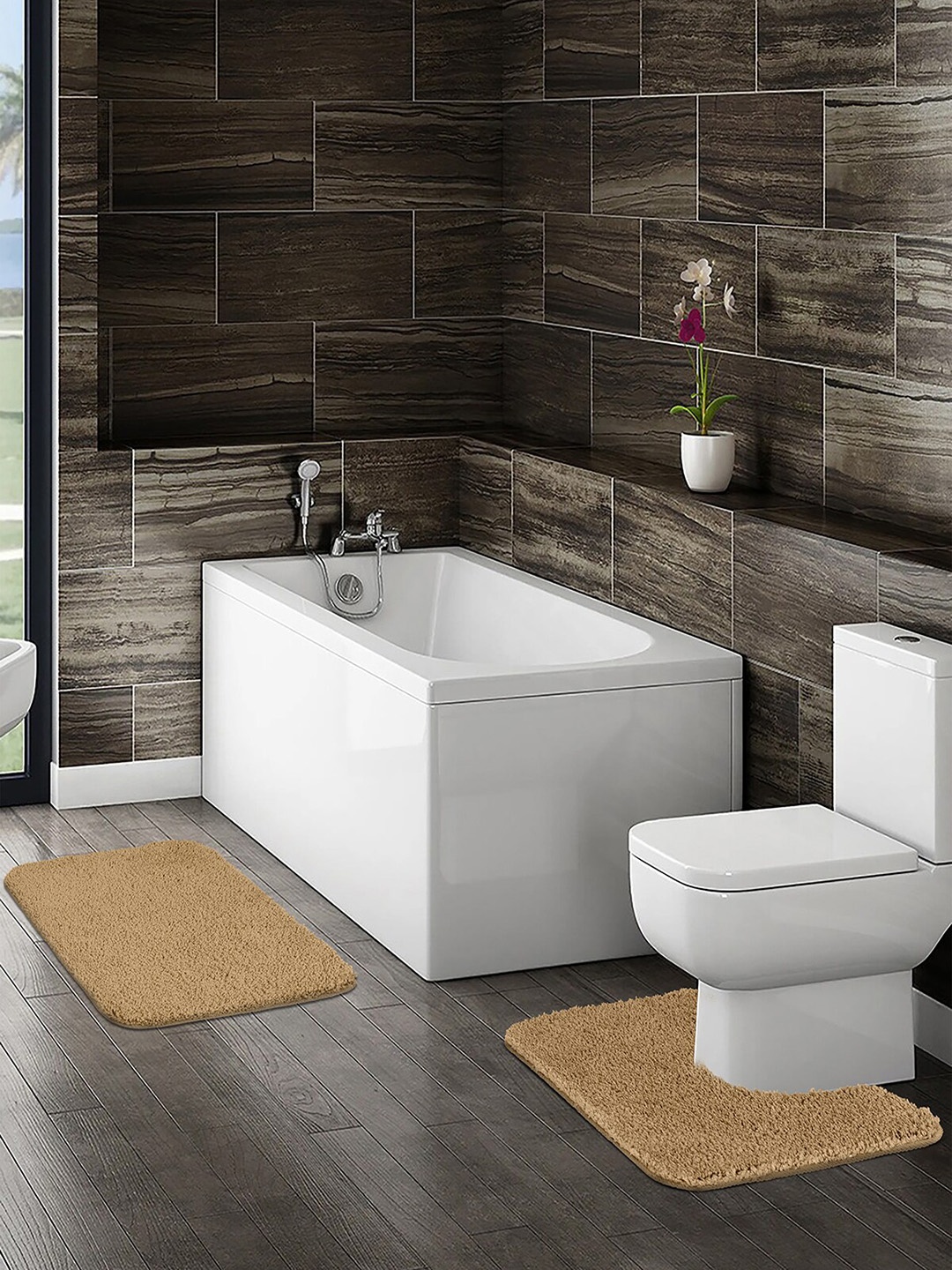 

OBSESSIONS Brown Solid Bath Mat With Contour Mat
