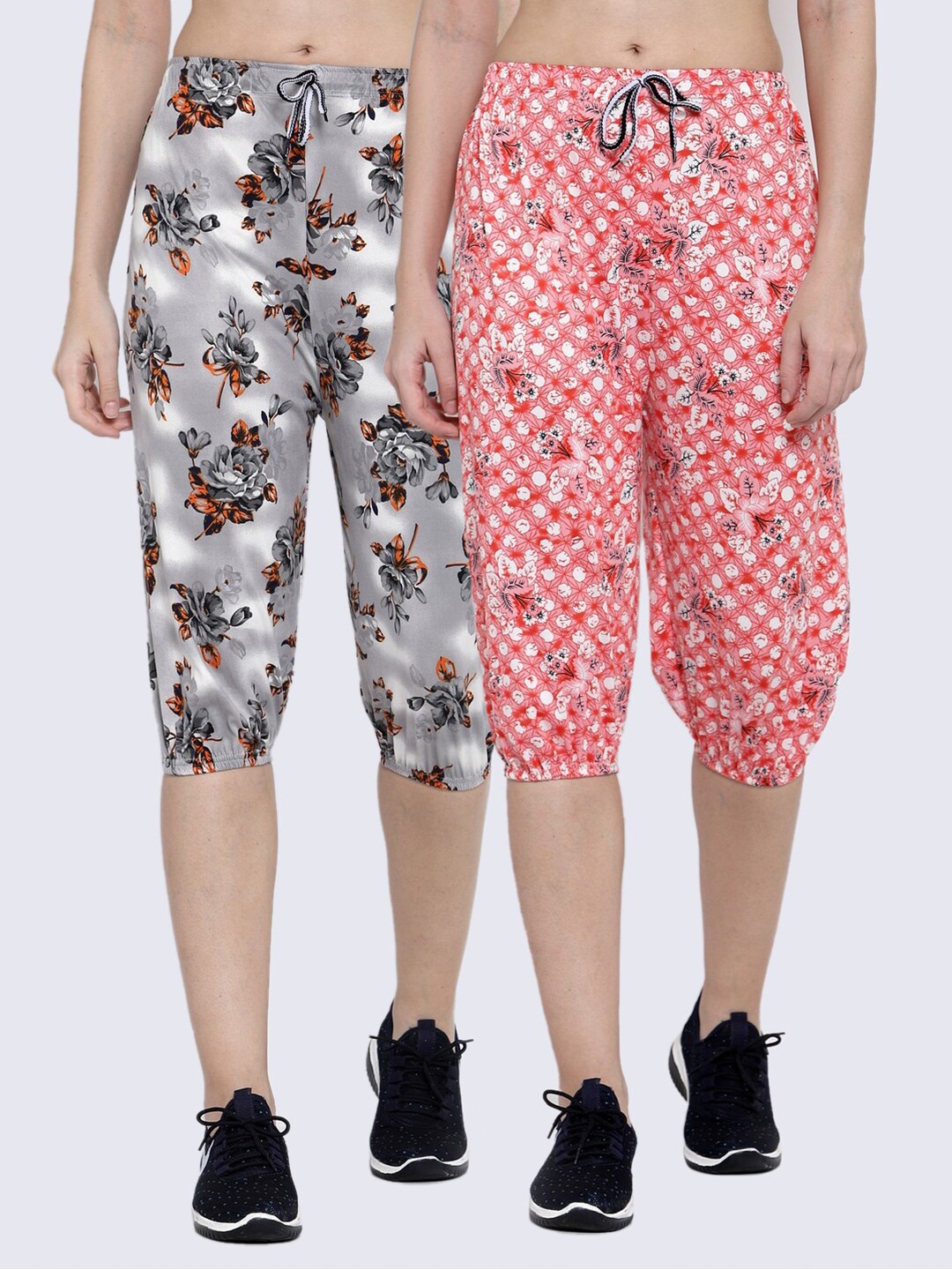 

KLOTTHE Women Pack of 2 Grey & Pink Printed Capris