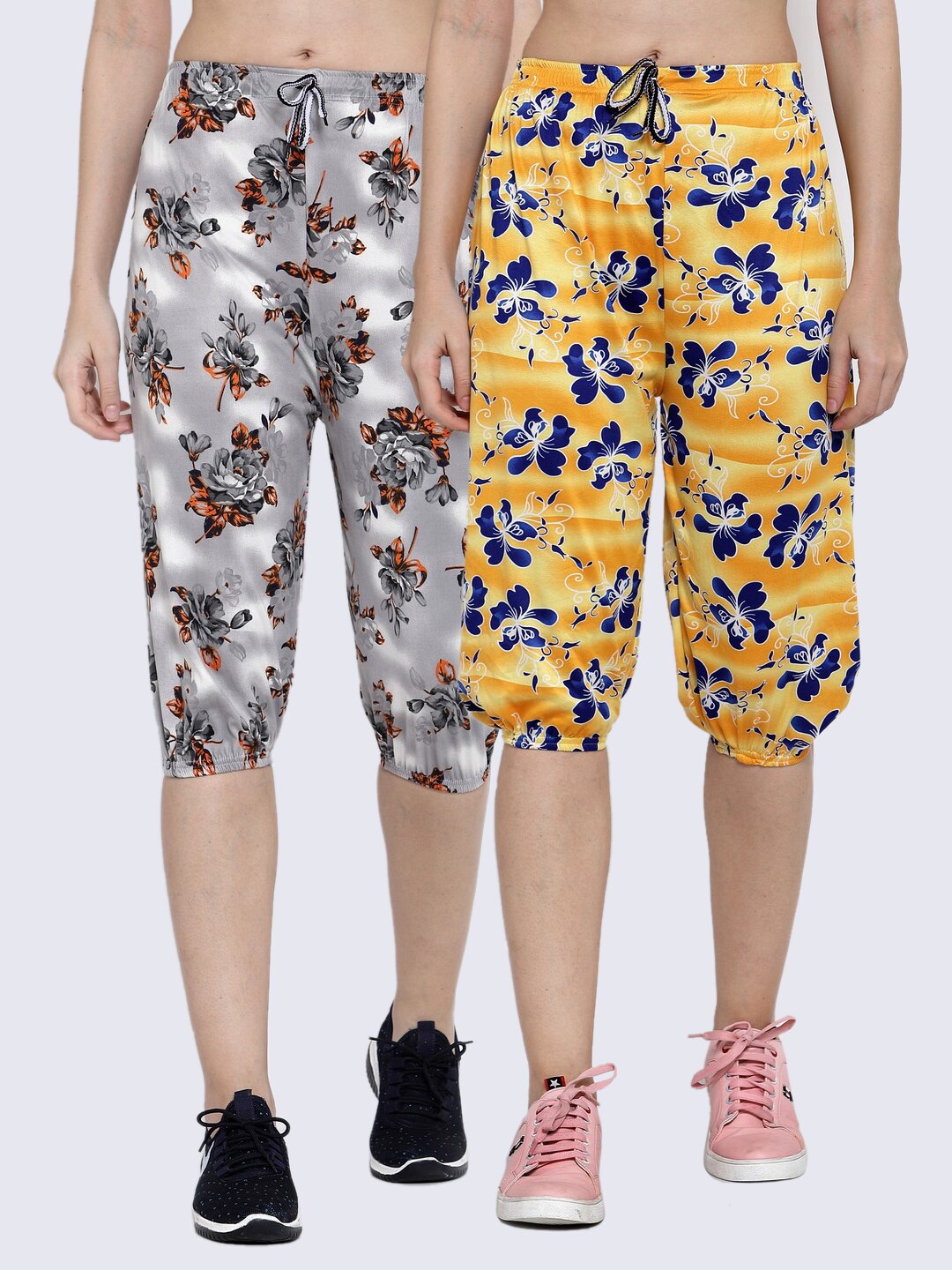 

KLOTTHE Women Pack of 2 Yellow & Grey Floral Printed Capris
