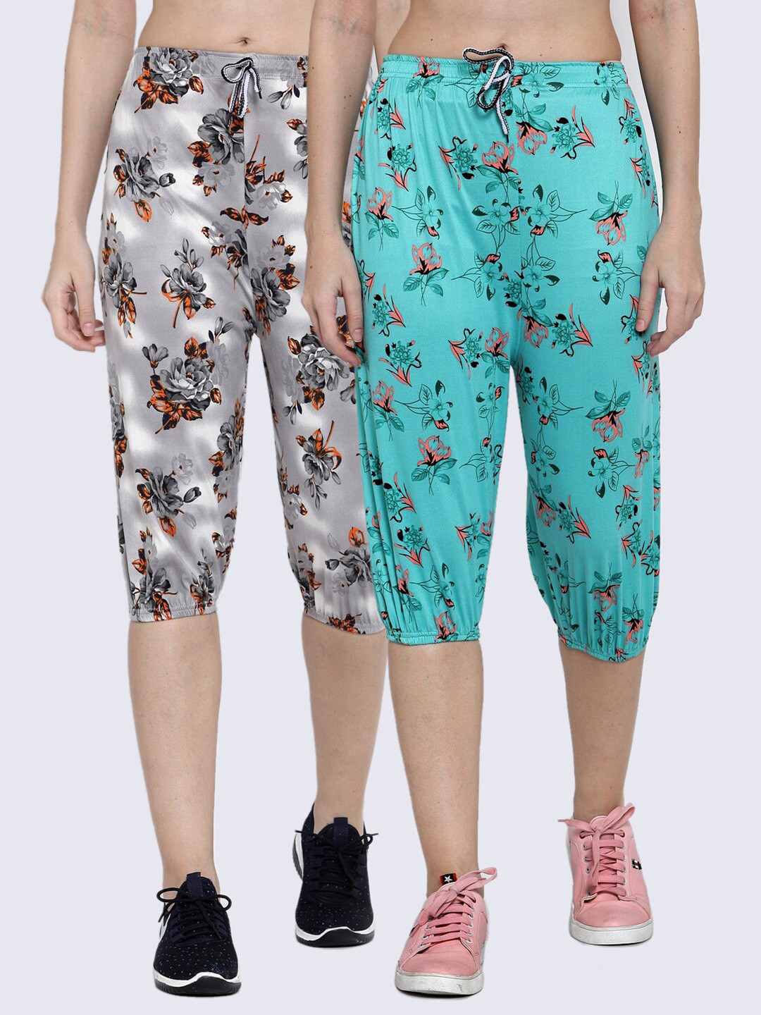 

KLOTTHE Women Pack Of 2 Floral Printed Capris, Turquoise blue