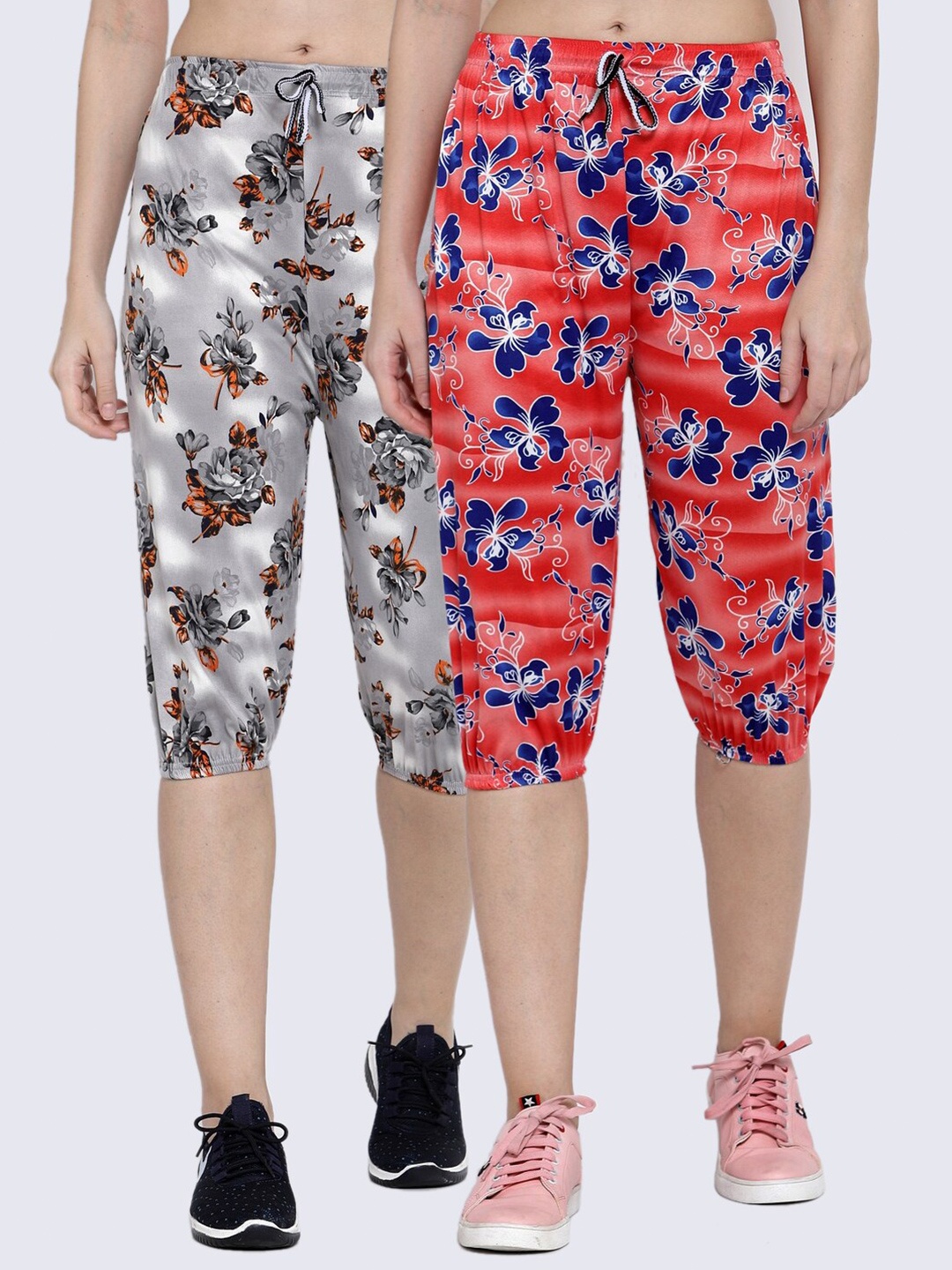 

KLOTTHE Women Pack Of 2 Red & Grey Printed Capris