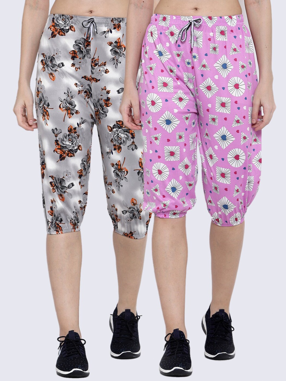 

KLOTTHE Women Pack of 2 Grey & Pink Floral Printed Capris