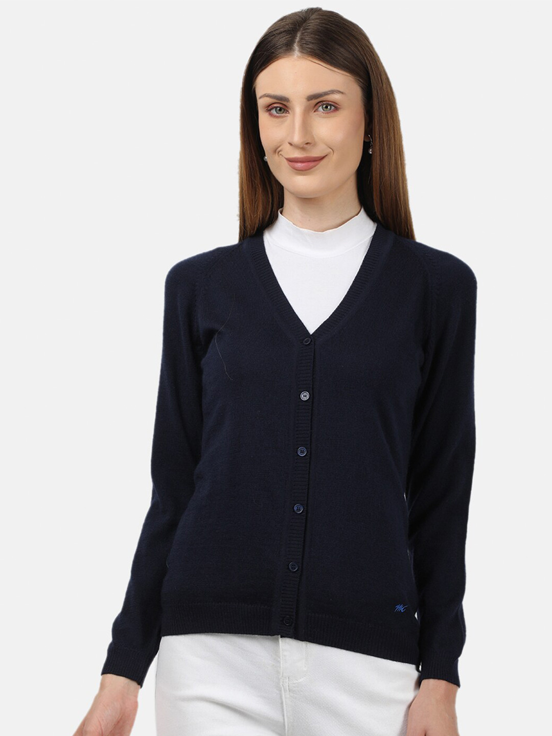 

Monte Carlo Women Navy Blue Solid Pure Wool Cardigan
