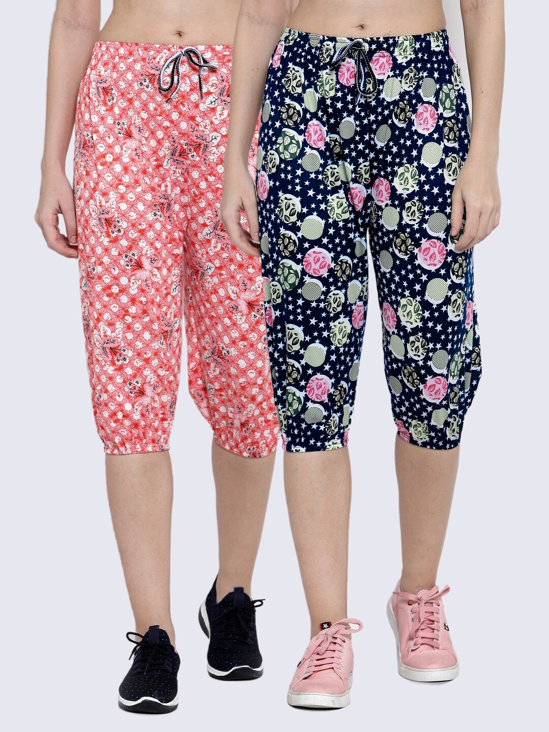 

KLOTTHE Women Pack of 2 Navy Blue & Red Printed Capris