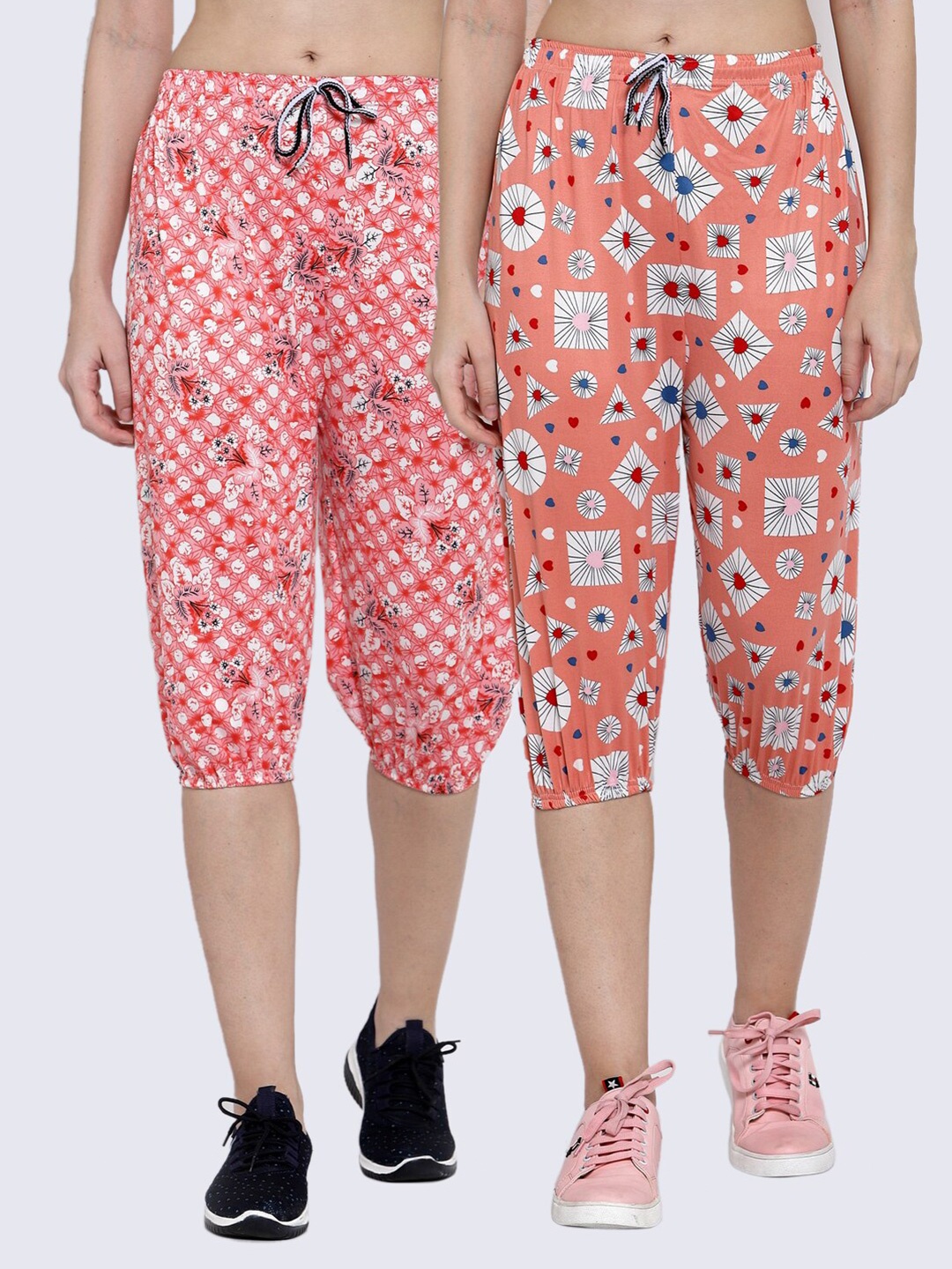 

KLOTTHE Women Pack of 2 Red & Peach-Coloured Printed Capris