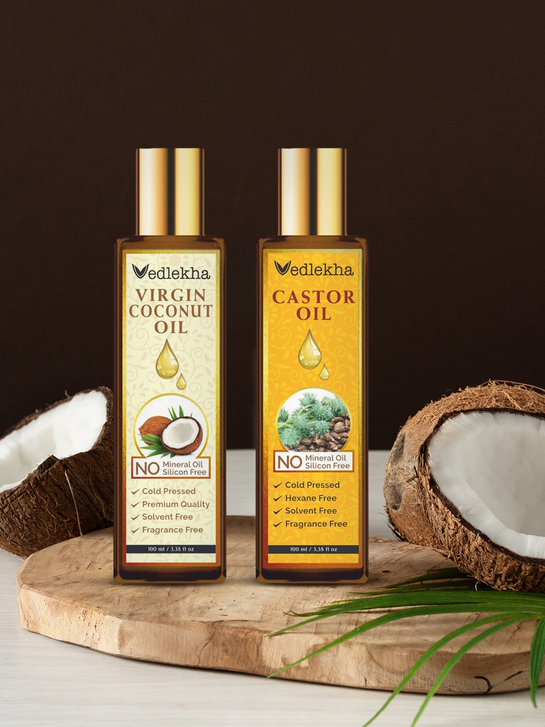 

Vedlekha Set of Coconut Oil & Castor Oil - 100 ml Each, Brown