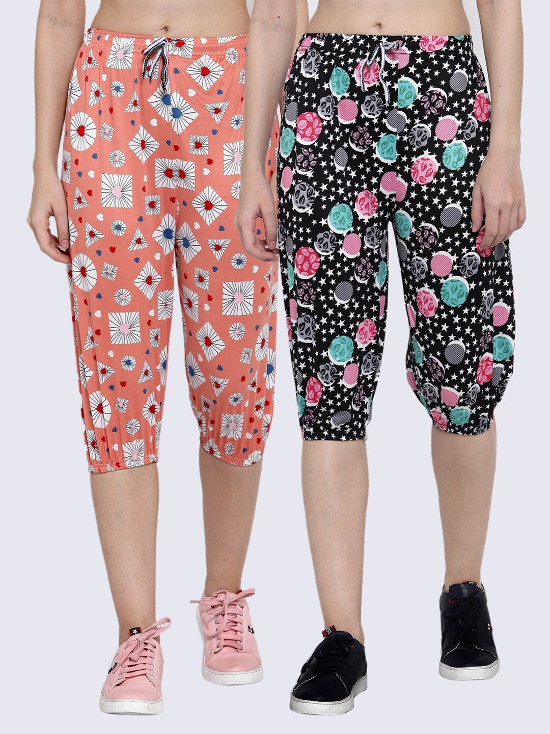

KLOTTHE Women Pack Of 2 Geometric Printed Capris, Black