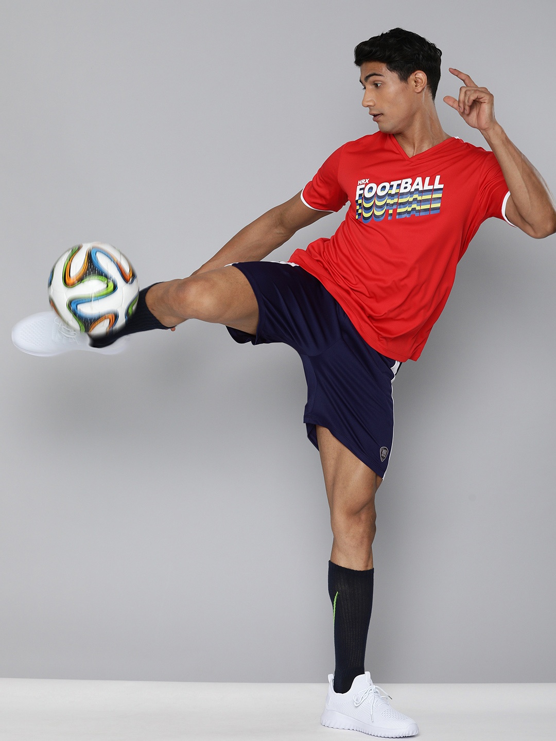 

HRX By Hrithik Roshan Football Men Medieval Blue & Optic White Rapid-Dry Typography Shorts, Navy blue