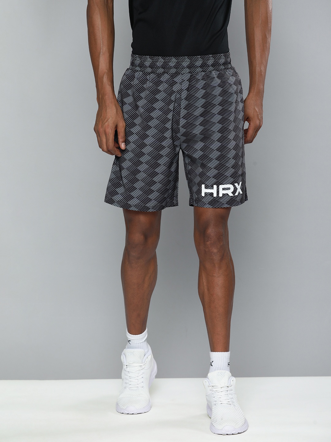

HRX By Hrithik Roshan Training Men Black & Grey Rapid-Dry Brand Carrier Shorts