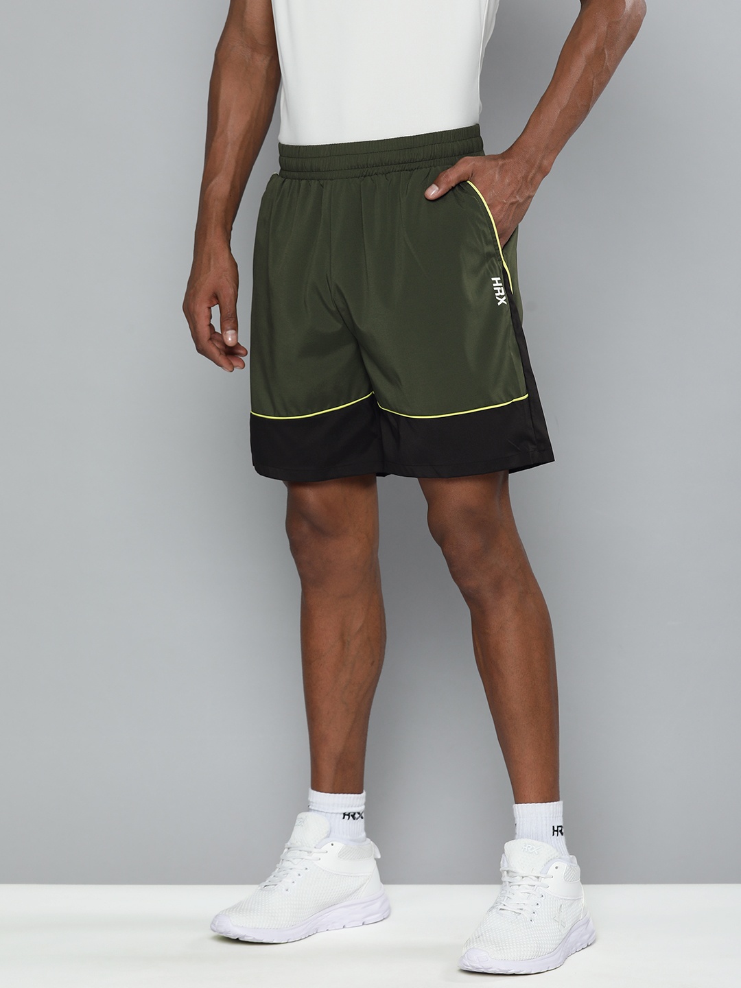 

HRX By Hrithik Roshan Training Men Olive Green Rapid-Dry Brand Carrier Shorts