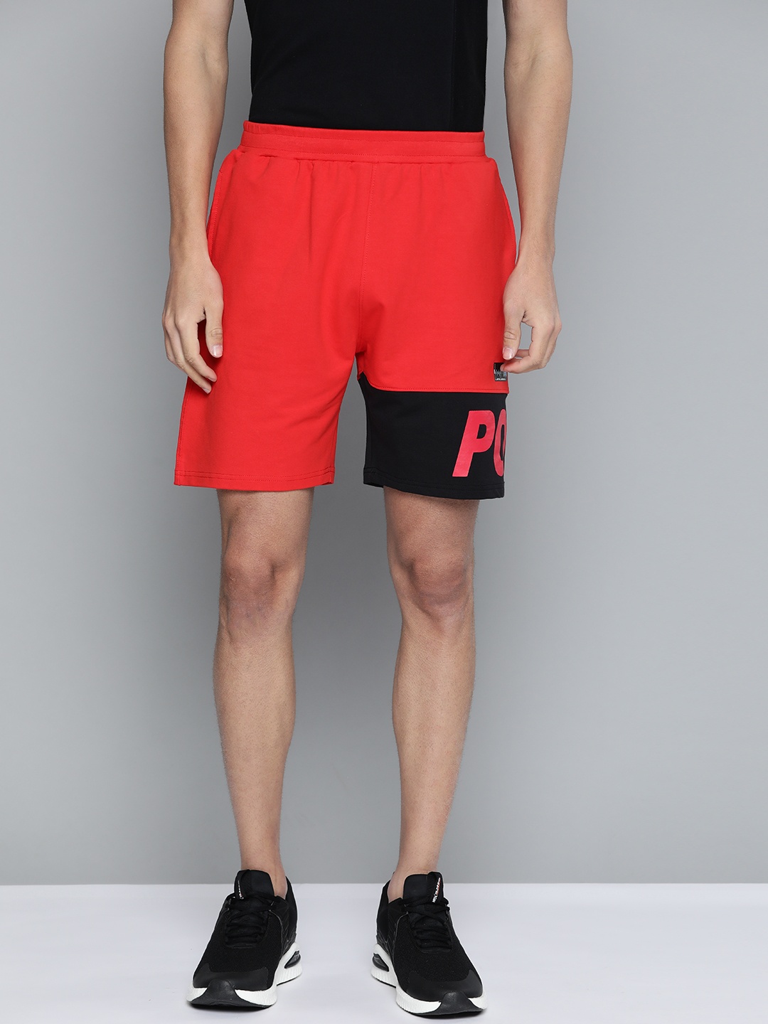 

HRX By Hrithik Roshan Lifestyle Men High Risk Red & Jet Black Lycra Typography Shorts