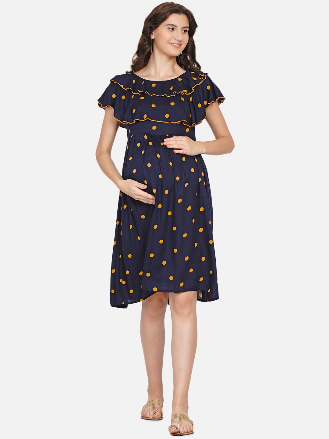 

Mine4Nine Navy Blue & Yellow Maternity A-Line Dress