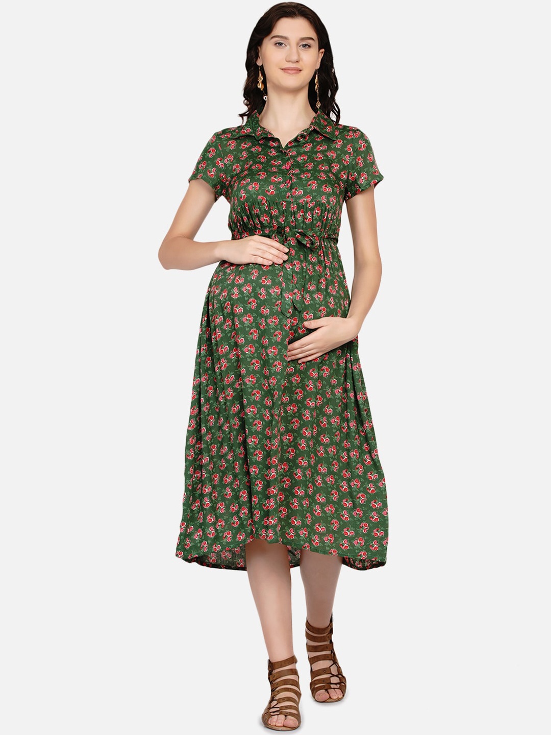 

Mine4Nine Green & Red Floral Printed Maternity Midi Dress