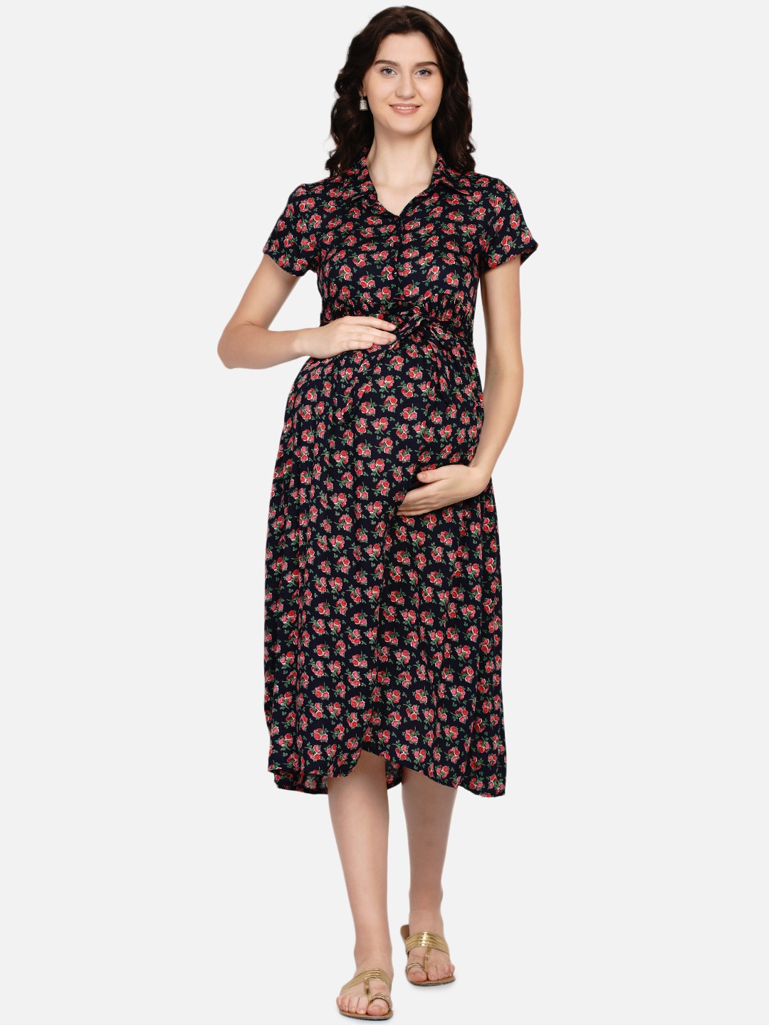 

Mine4Nine Navy Blue & Pink Floral Maternity Midi Dress